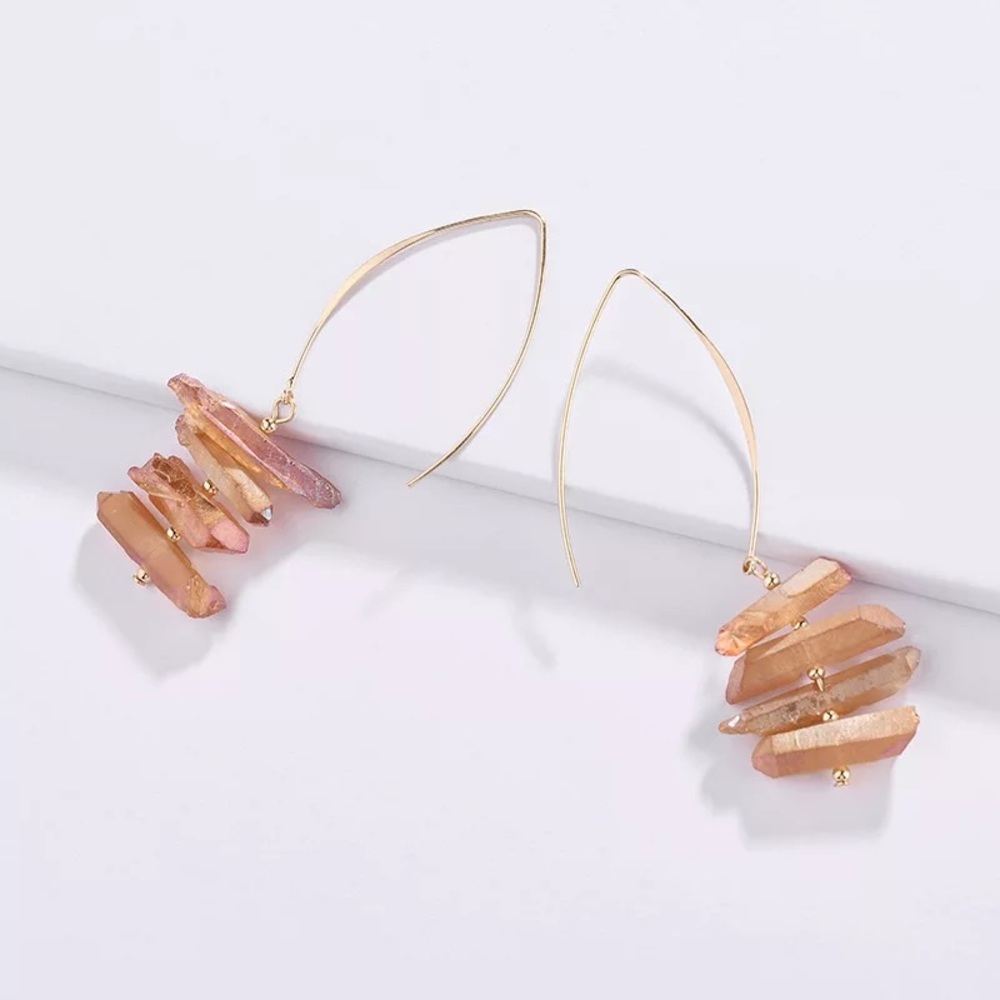Fire Coral Quartz Stacked Dangle Gold Earrings